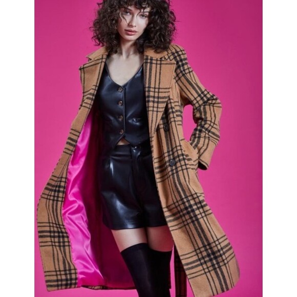 Avec Les Filles Plaid Double Breasted Coat Windowpane Tan and Black Size Large - Picture 3 of 11